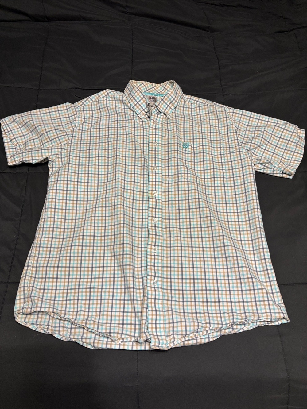 Cinch Short-Sleeve Plaid Button-Down Shirt - White, Blue & Brown